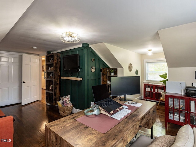 office space with dark wood finished floors and a notable chandelier