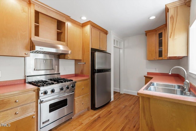 kitchen featuring appliances with stainless steel finishes, a sink, light wood-style floors, open shelves, and recessed lighting