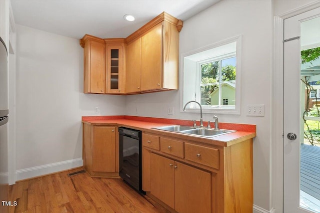 kitchen featuring a sink, dishwasher, light wood finished floors, and healthy amount of natural light