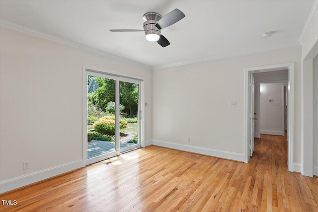 unfurnished room with crown molding, light wood-style flooring, baseboards, and ceiling fan