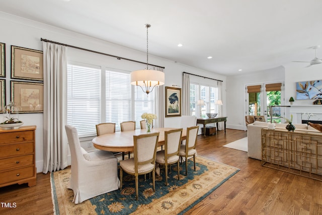 dining space featuring ceiling fan, recessed lighting, and wood finished floors