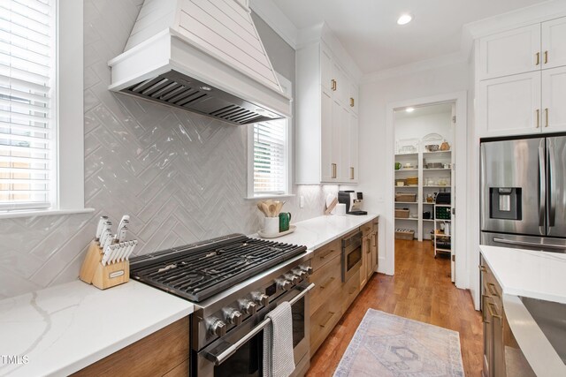 kitchen featuring a healthy amount of sunlight, light wood-type flooring, light countertops, custom range hood, and appliances with stainless steel finishes