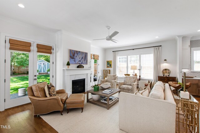 living area featuring light wood-style floors, ceiling fan, a healthy amount of sunlight, and a fireplace
