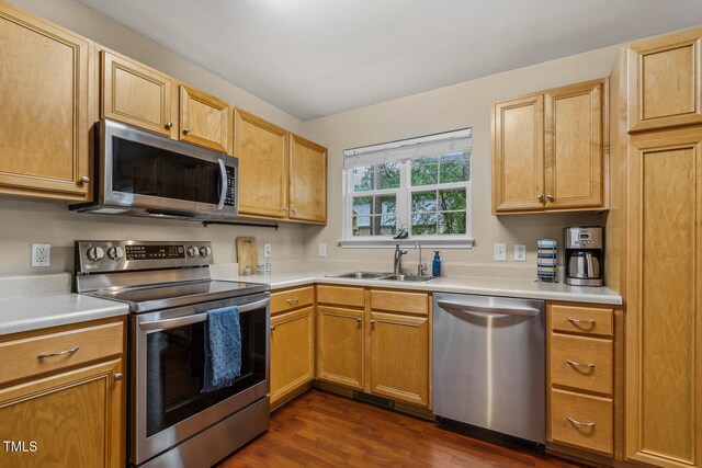 1984 Sadler Ave, Creedmoor, NC 27522 - kitchen with stainless steel appliances, a sink, light countertops, and dark wood-type flooring