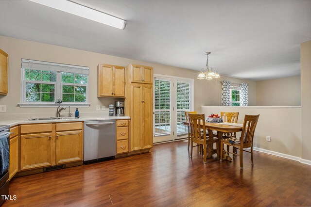 1984 Sadler Ave, Creedmoor, NC 27522 - kitchen with stainless steel dishwasher, a sink, dark wood-style floors, and a chandelier