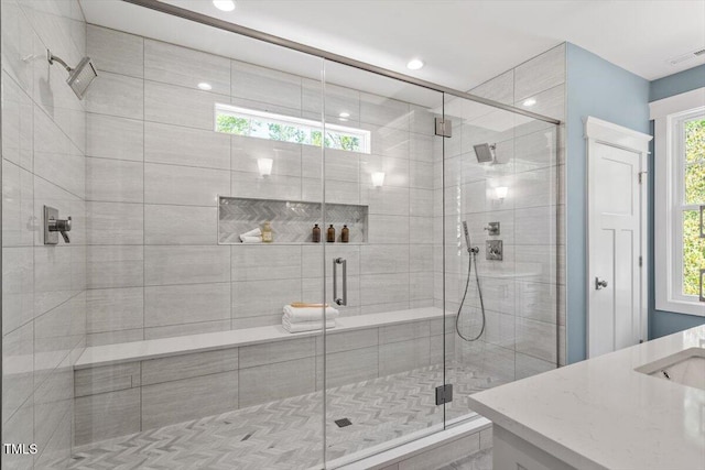 3932 Old Chapel Hill Rd, Durham, NC 27707 - bathroom featuring a stall shower, vanity, visible vents, and recessed lighting