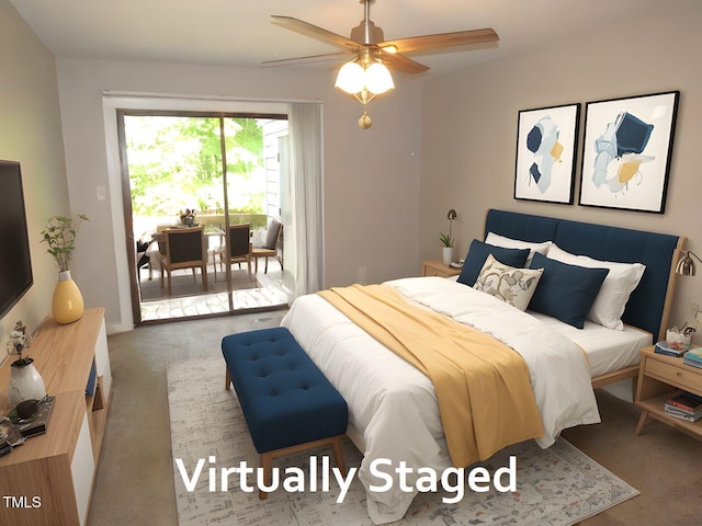 bedroom featuring carpet, ceiling fan, and access to exterior