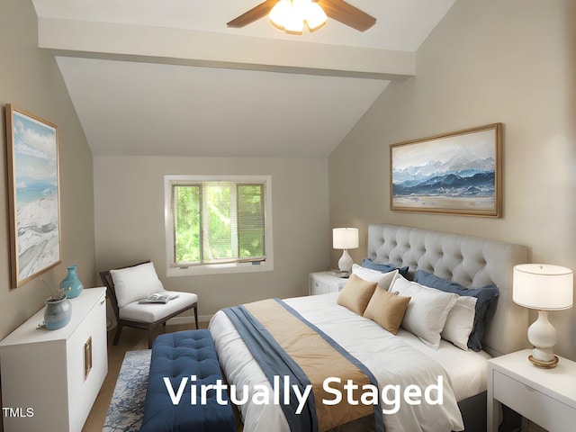 bedroom featuring a ceiling fan, lofted ceiling with beams, and wood finished floors