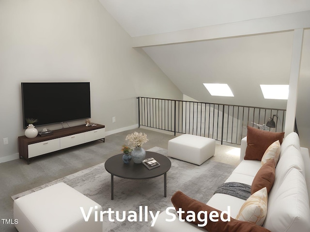 living room featuring vaulted ceiling with skylight and baseboards