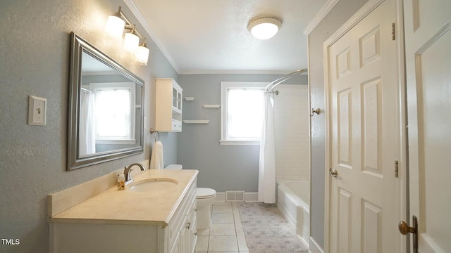 full bath featuring vanity, toilet, tile patterned floors, visible vents, and ornamental molding