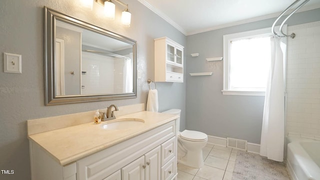 bathroom with visible vents, tile patterned floors, vanity, toilet, and ornamental molding