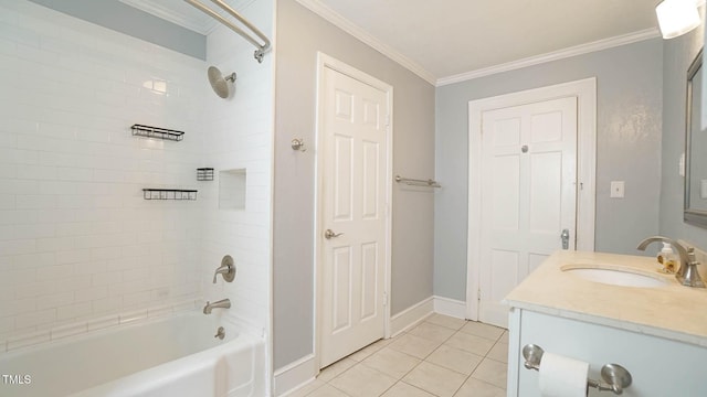 full bathroom featuring crown molding, tile patterned flooring, vanity, baseboards, and bathing tub / shower combination