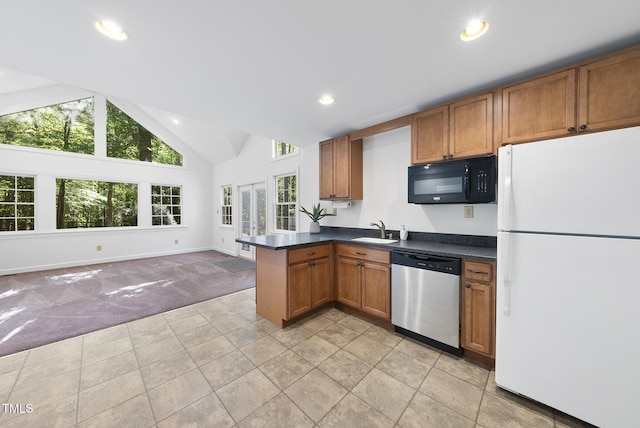 kitchen featuring stainless steel dishwasher, freestanding refrigerator, black microwave, light colored carpet, and a sink
