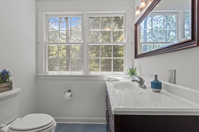 128 Cobblestone Dr, Chapel Hill, NC 27516 - half bath with vanity, toilet, healthy amount of natural light, and tile patterned floors