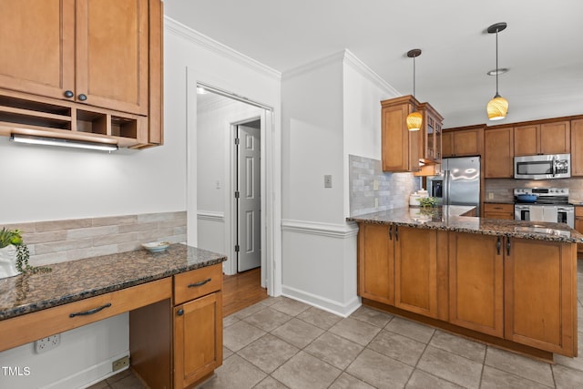 128 Cobblestone Dr, Chapel Hill, NC 27516 - kitchen featuring appliances with stainless steel finishes, brown cabinets, backsplash, and ornamental molding