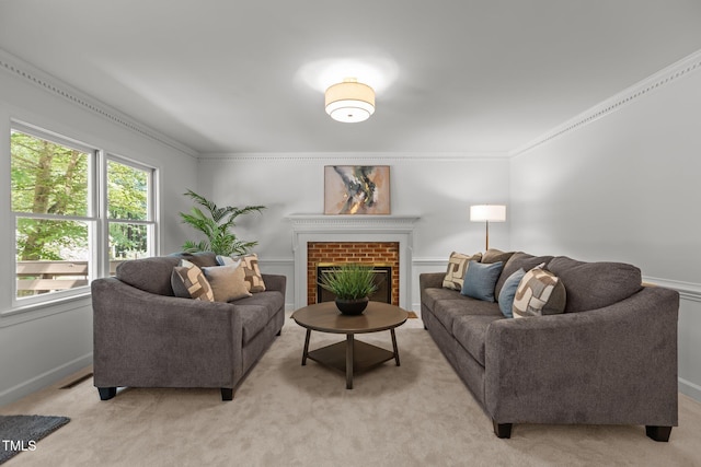 128 Cobblestone Dr, Chapel Hill, NC 27516 - living room with ornamental molding, light colored carpet, a fireplace, and baseboards