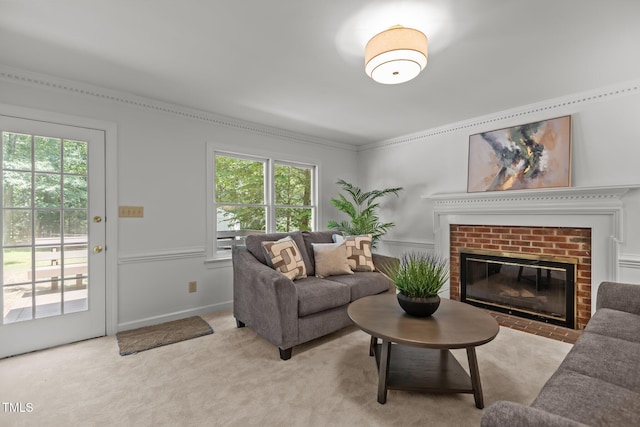 128 Cobblestone Dr, Chapel Hill, NC 27516 - living area with carpet floors, a fireplace, and crown molding