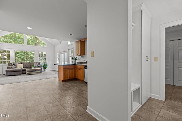 128 Cobblestone Dr, Chapel Hill, NC 27516 - hallway with vaulted ceiling, tile patterned floors, crown molding, and recessed lighting