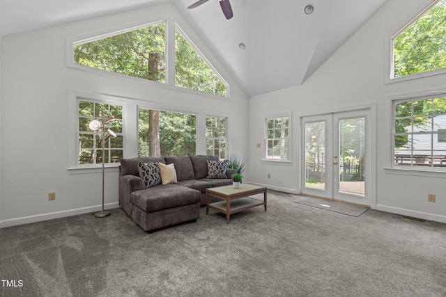 128 Cobblestone Dr, Chapel Hill, NC 27516 - living room featuring high vaulted ceiling, carpet flooring, french doors, and plenty of natural light