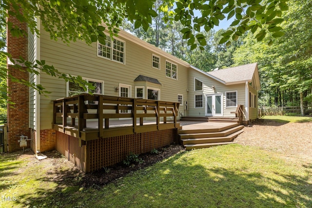 128 Cobblestone Dr, Chapel Hill, NC 27516 - rear view of house with a lawn, a deck, and french doors