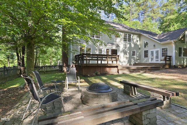 128 Cobblestone Dr, Chapel Hill, NC 27516 - wooden terrace featuring a fire pit and a patio area