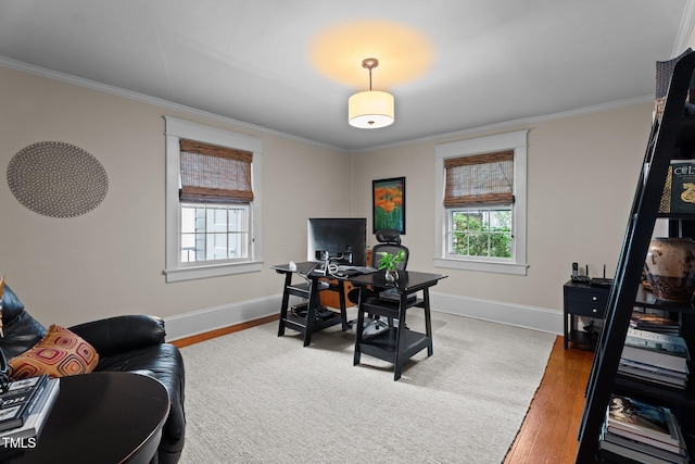 office with baseboards, ornamental molding, and wood finished floors