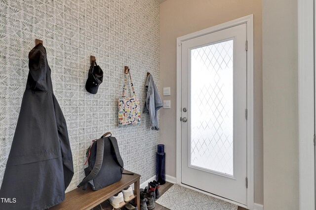 mudroom with a healthy amount of sunlight and baseboards