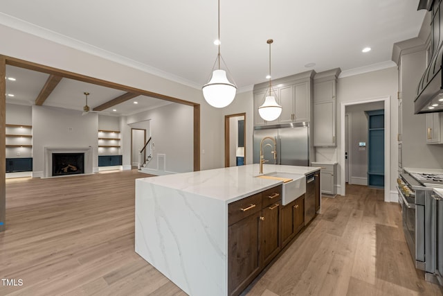 kitchen featuring light wood-style flooring, a kitchen island with sink, light stone countertops, and premium appliances