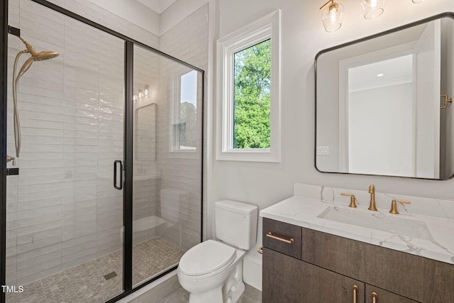 full bathroom with vanity, toilet, a wealth of natural light, and a stall shower
