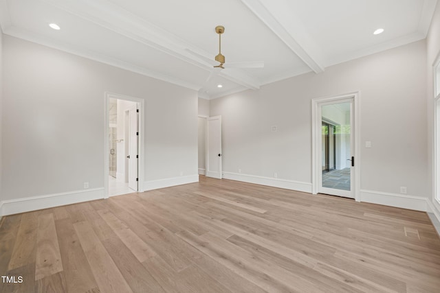 spare room featuring light wood-style floors, baseboards, beamed ceiling, and a ceiling fan