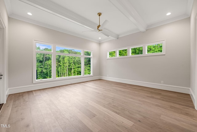 unfurnished room with baseboards, beamed ceiling, a ceiling fan, and light wood-type flooring