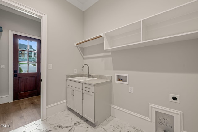 laundry room featuring hookup for an electric dryer, a sink, baseboards, hookup for a washing machine, and marble finish floor