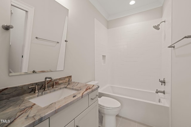 bathroom with vanity, washtub / shower combination, tile patterned floors, and toilet