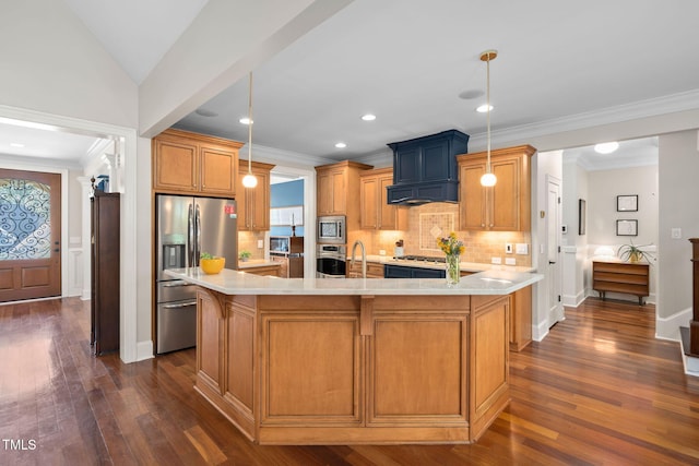154 Sicily Dr, Clayton, NC 27527 - kitchen featuring appliances with stainless steel finishes, light countertops, decorative backsplash, dark wood-style flooring, and a large island