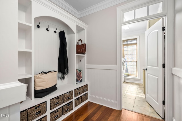 154 Sicily Dr, Clayton, NC 27527 - mudroom featuring wood finished floors, crown molding, and a wainscoted wall