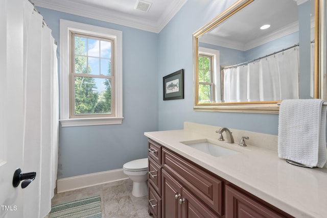 154 Sicily Dr, Clayton, NC 27527 - full bathroom with vanity, toilet, plenty of natural light, baseboards, and crown molding