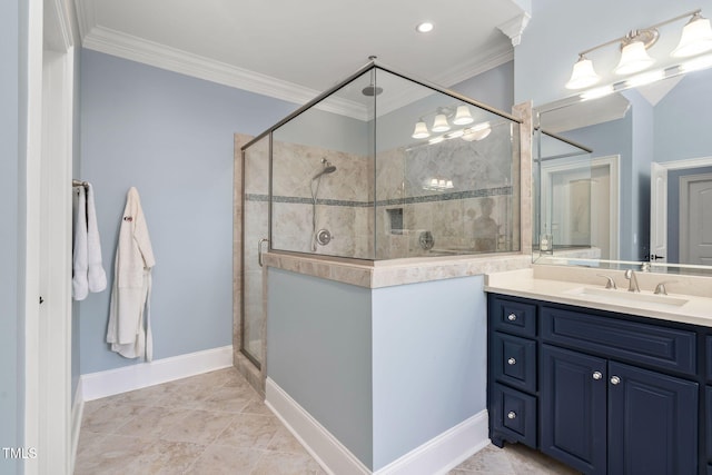 154 Sicily Dr, Clayton, NC 27527 - bathroom with vanity, a stall shower, crown molding, and baseboards