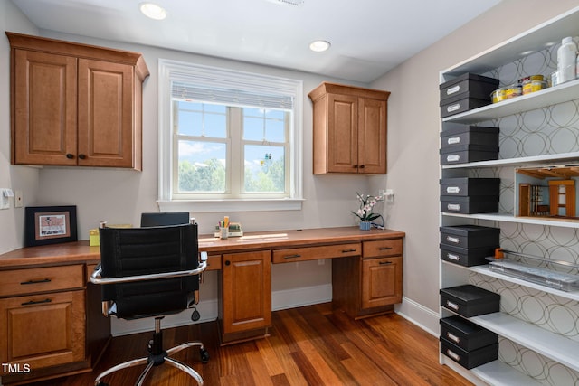 154 Sicily Dr, Clayton, NC 27527 - office space with built in study area, dark wood finished floors, recessed lighting, and baseboards