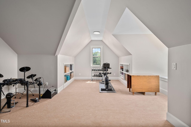 154 Sicily Dr, Clayton, NC 27527 - exercise room with carpet, baseboards, lofted ceiling, and built in shelves