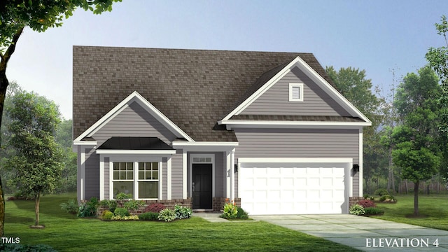 view of front of property featuring a shingled roof, a standing seam roof, a front yard, and concrete driveway