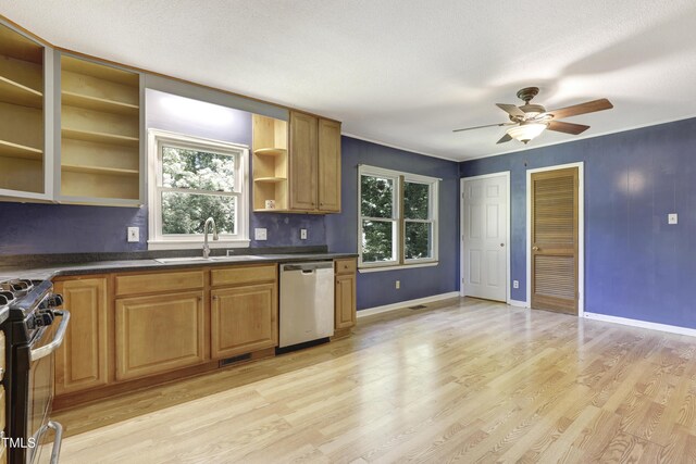 kitchen featuring a sink, light wood-style floors, open shelves, and stainless steel appliances