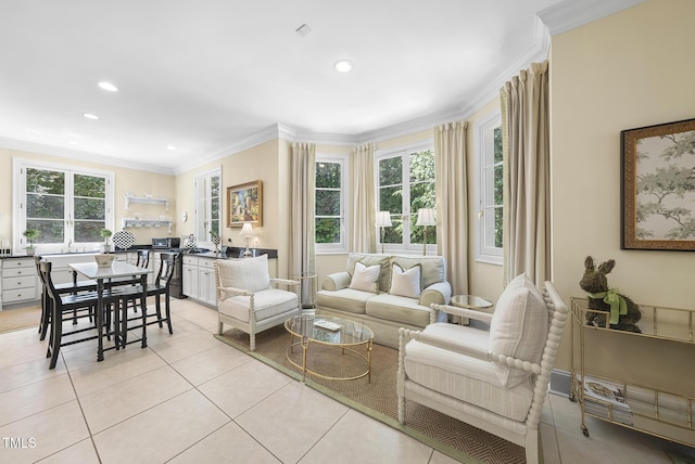 living room featuring crown molding, recessed lighting, and light tile patterned floors