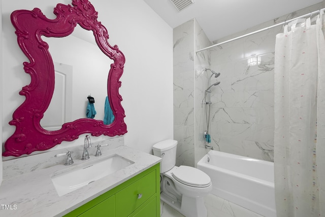 full bathroom with visible vents, vanity, marble finish floor, toilet, and shower / bathtub combination with curtain