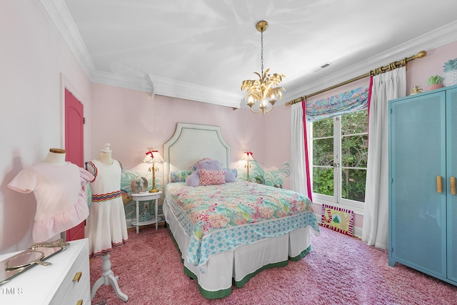 carpeted bedroom featuring crown molding, a chandelier, and visible vents