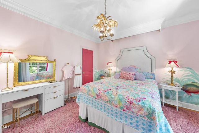 bedroom featuring baseboards, a notable chandelier, light carpet, and ornamental molding