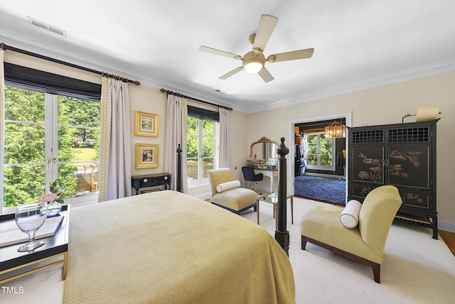 bedroom featuring visible vents, ornamental molding, baseboards, ceiling fan, and access to outside