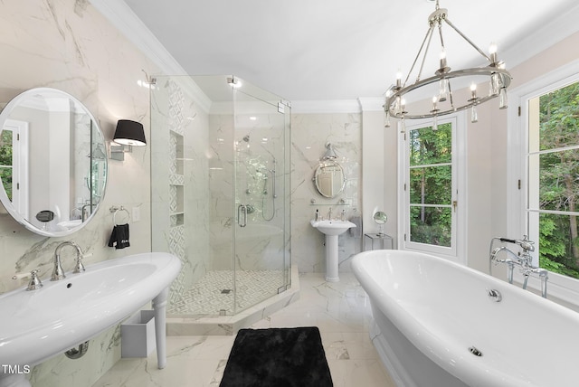 full bath featuring ornamental molding, marble finish floor, a chandelier, a soaking tub, and a marble finish shower