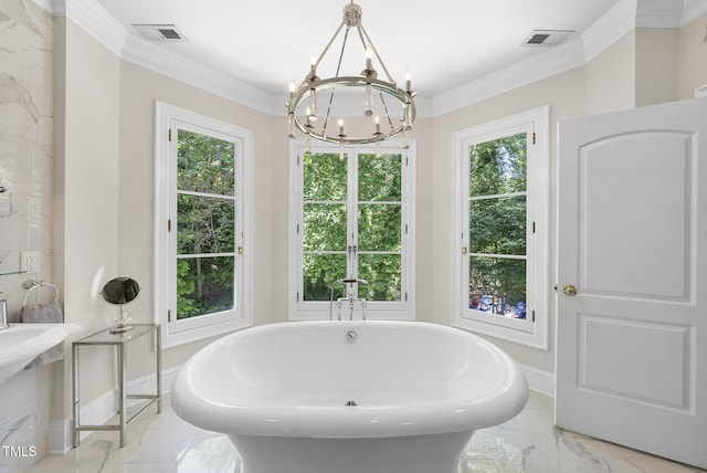 bathroom featuring visible vents, marble finish floor, baseboards, and a chandelier