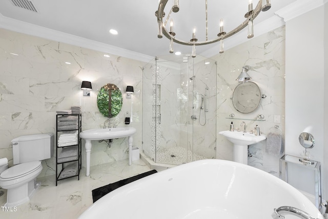 full bathroom with visible vents, tile walls, marble finish floor, a marble finish shower, and a soaking tub