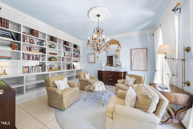 sitting room with light tile patterned floors, built in features, ornamental molding, and a chandelier